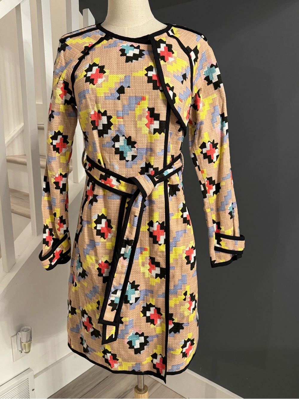 Rachel Rachel Roy Tribal Print Belted Trench Coat – Geometric Statement Jacket M